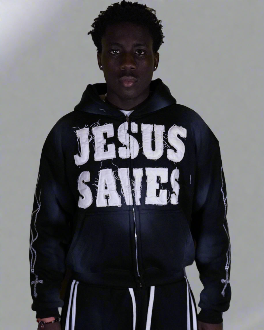 "ASH BLACK" Jesus Saves Zip Up Hoodie