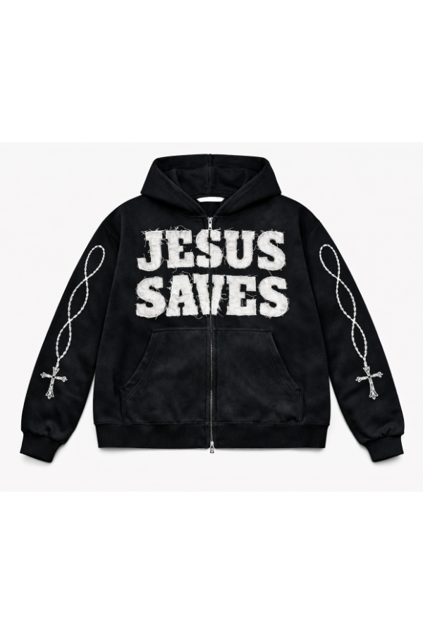 "ASH BLACK" Jesus Saves Zip Up Hoodie