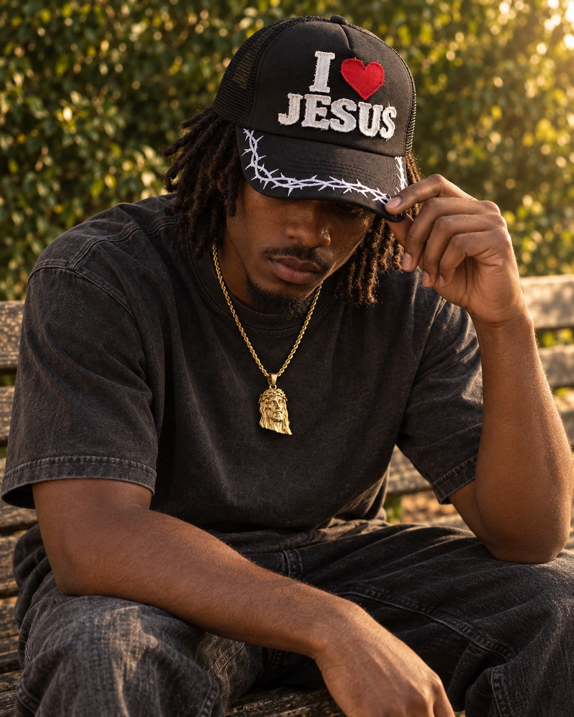 Model wearing black Crowned Saints hat and gold Jesus Piece