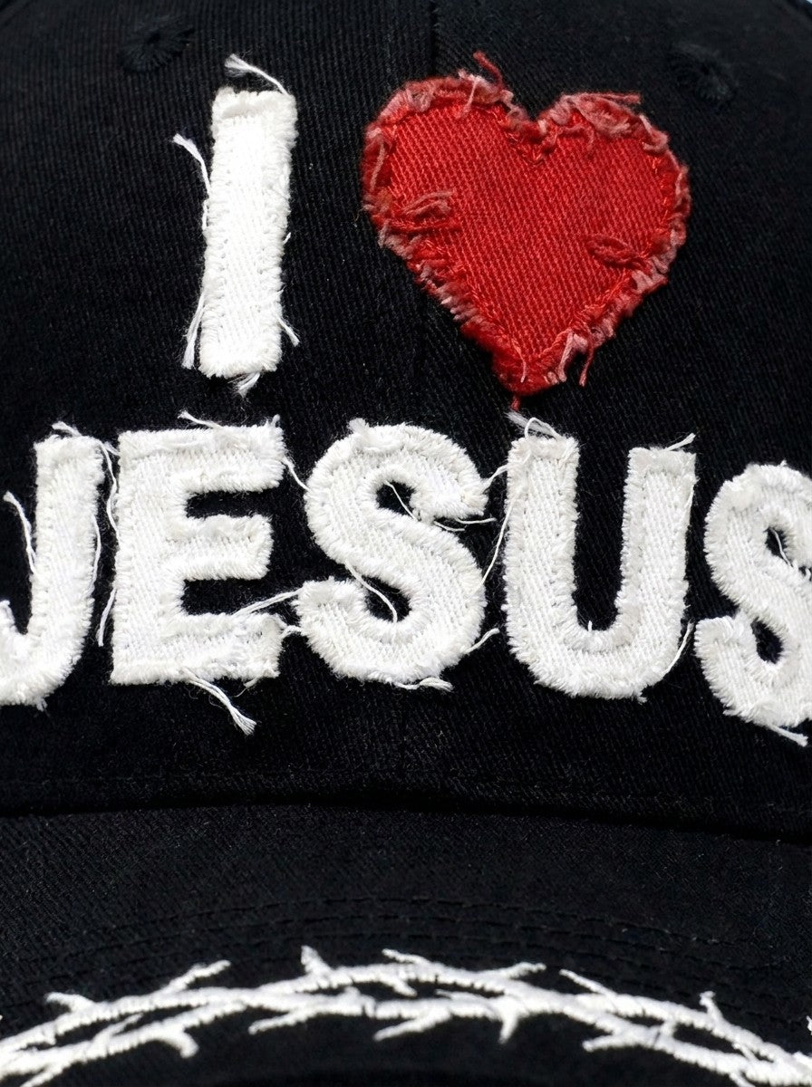 Crowned Saints I Love Jesus embroidery detail