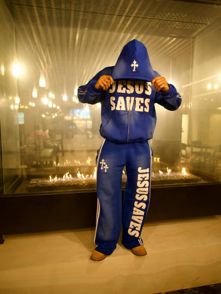 Blue Jesus Saves Zip Up Hoodie - Crowned Saints