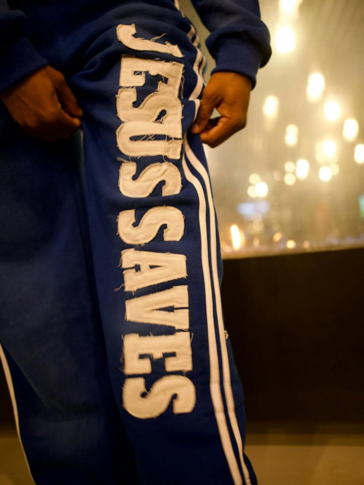Blue Jesus Saves Sweatpants - Crowned Saints