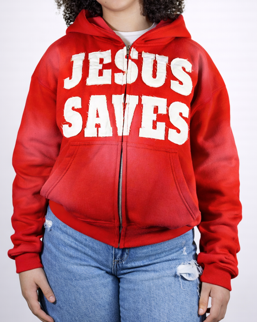 "Crimson Red" Jesus Saves Zip Up Hoodie