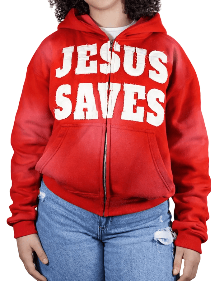 "Crimson Red" Jesus Saves Zip Up Hoodie - Crowned Saints