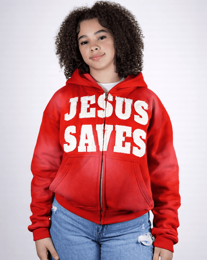 "Crimson Red" Jesus Saves Zip Up Hoodie - Crowned Saints