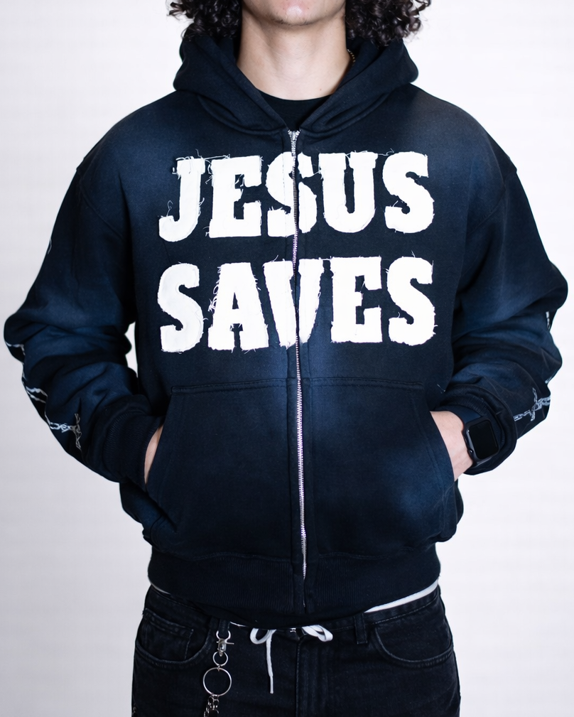 "ASH BLACK" Jesus Saves Zip Up Hoodie