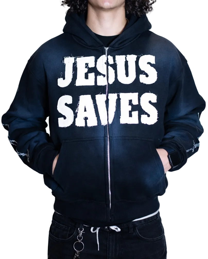 "ASH BLACK" Jesus Saves Zip Up Hoodie