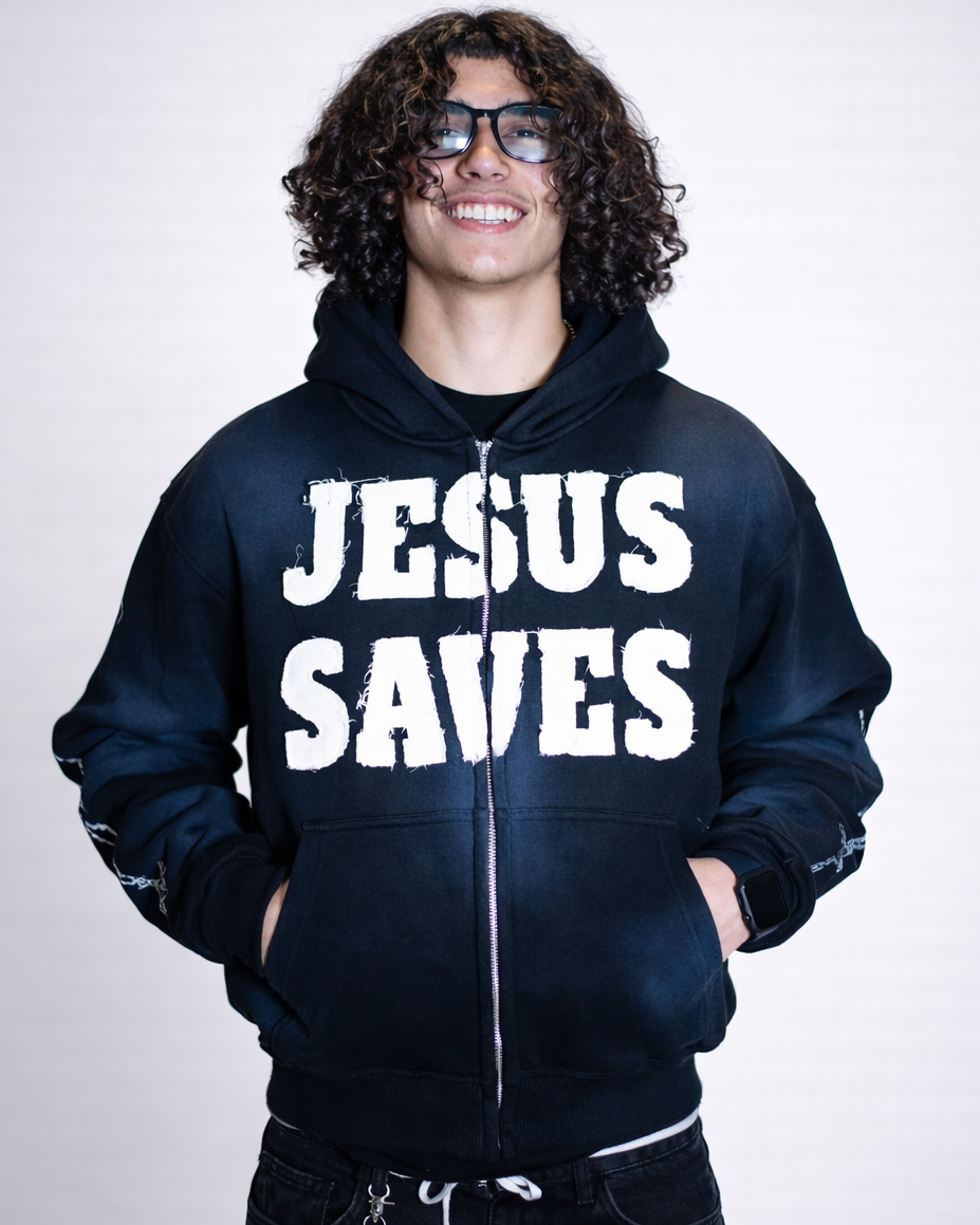 "ASH BLACK" Jesus Saves Zip Up Hoodie