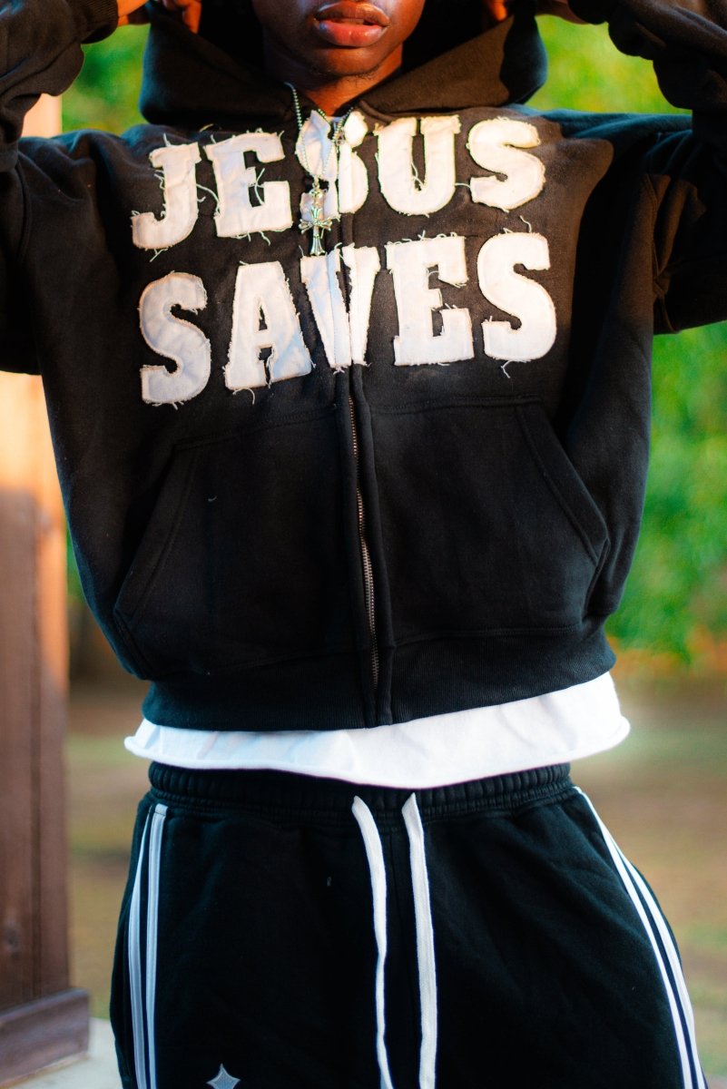 Black Jesus Saves Zip Up Hoodie - Crowned Saints
