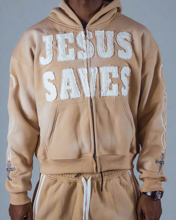"Desert Cream" Jesus Saves Zip Up Hoodie