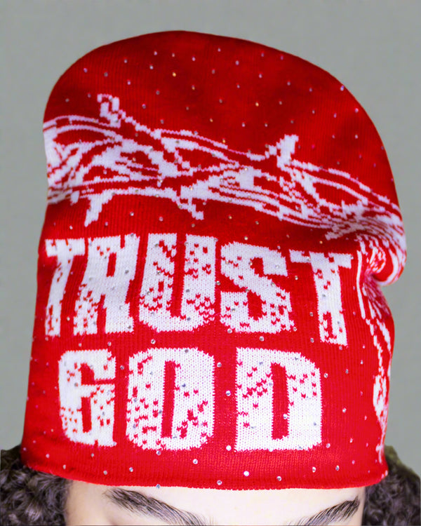 "Crimson Red" Trust God Silk Lined Crown Beanie