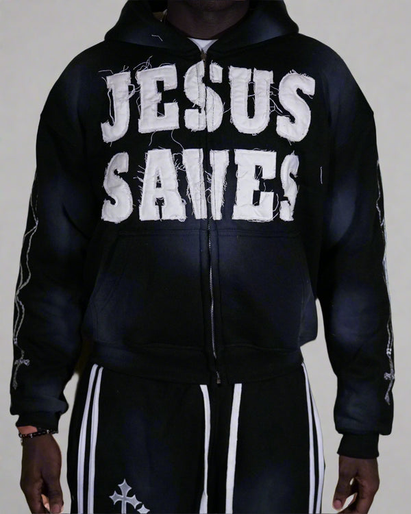 "ASH BLACK" Jesus Saves Zip Up Hoodie