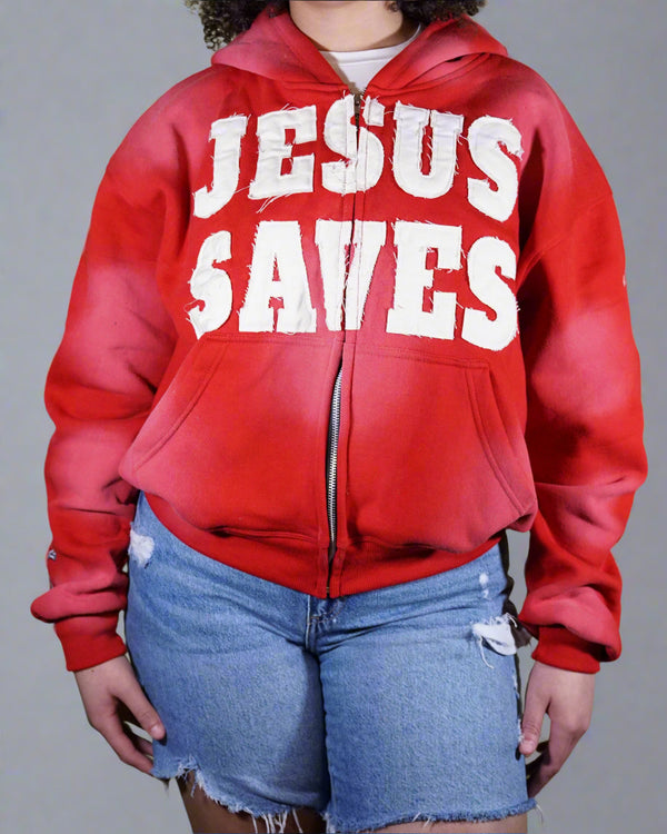 "Crimson Red" Jesus Saves Zip Up Hoodie