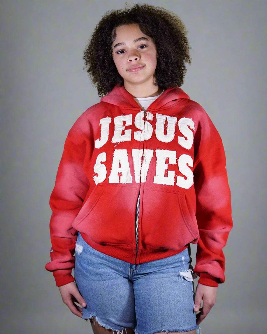 "Crimson Red" Jesus Saves Zip Up Hoodie
