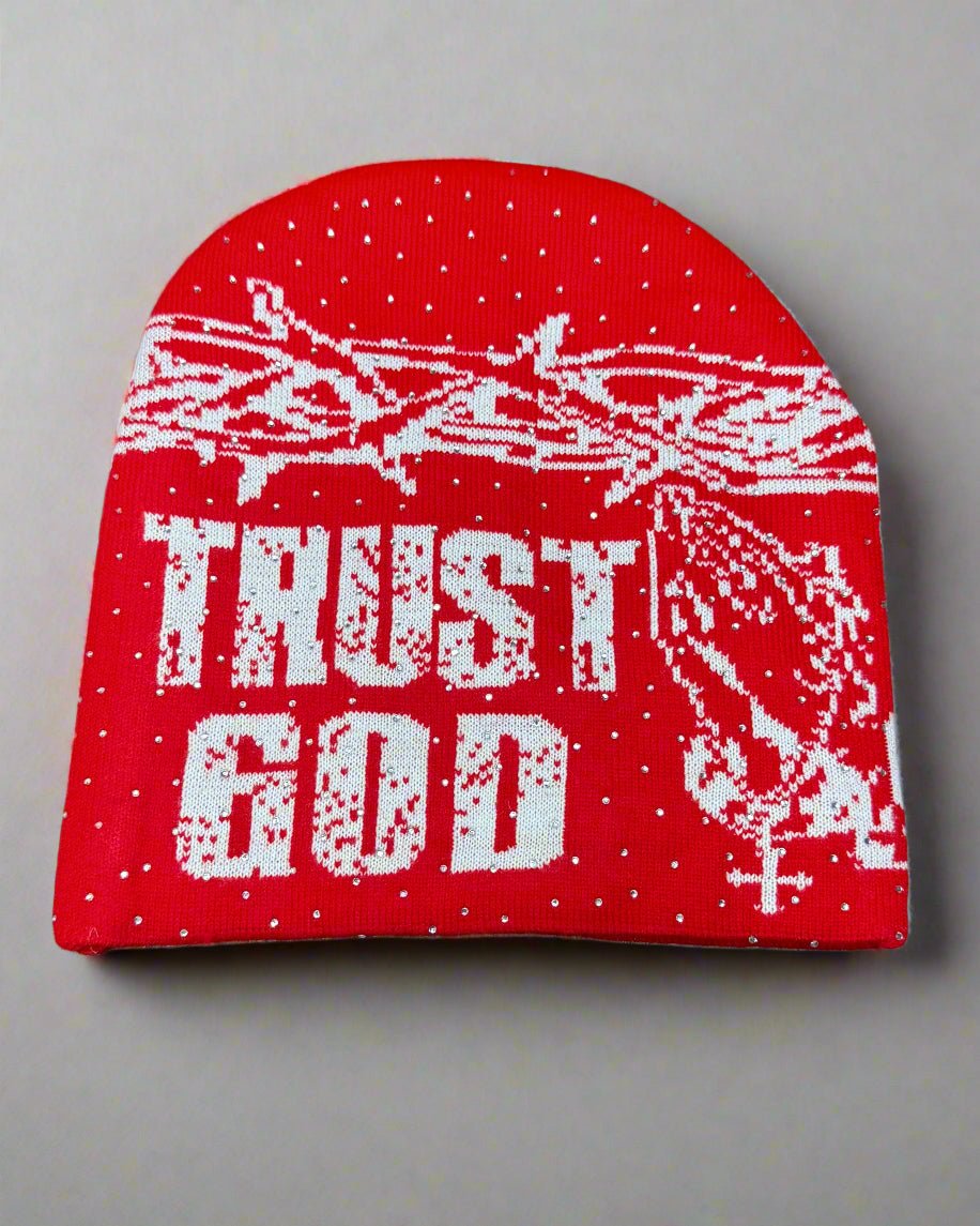 "Crimson Red" Trust God Silk Lined Crown Beanie - Crowned Saints