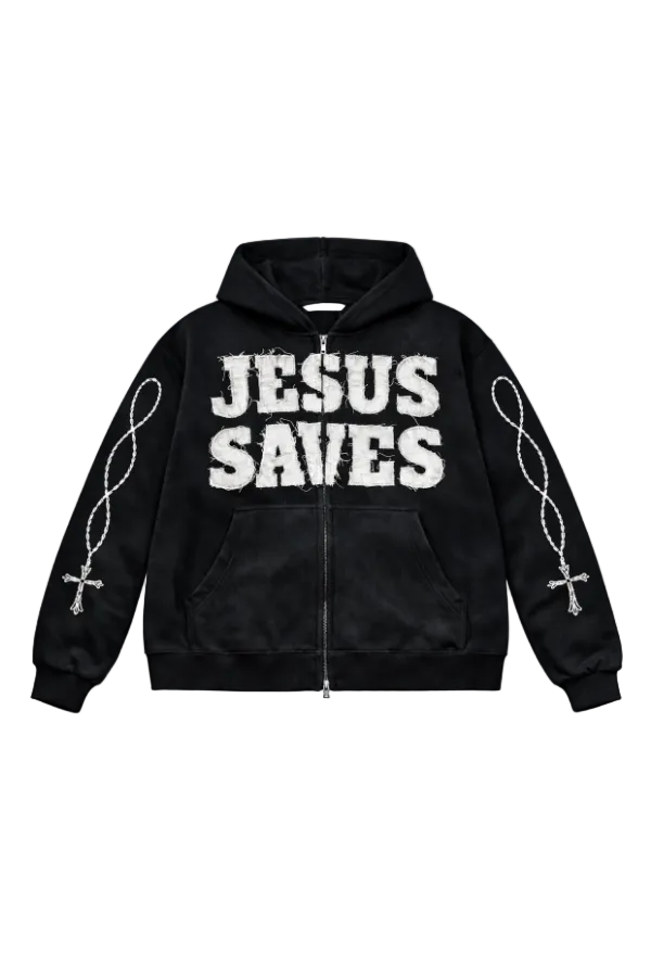 "ASH BLACK" Jesus Saves Zip Up Hoodie