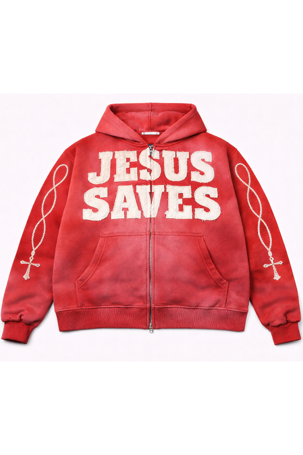"Crimson Red" Jesus Saves Zip Up Hoodie