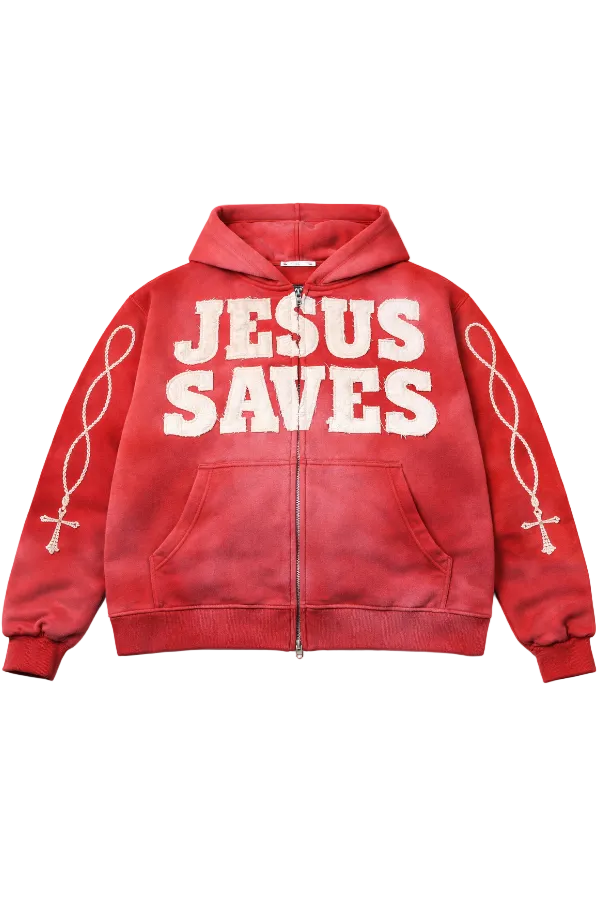 "Crimson Red" Jesus Saves Zip Up Hoodie