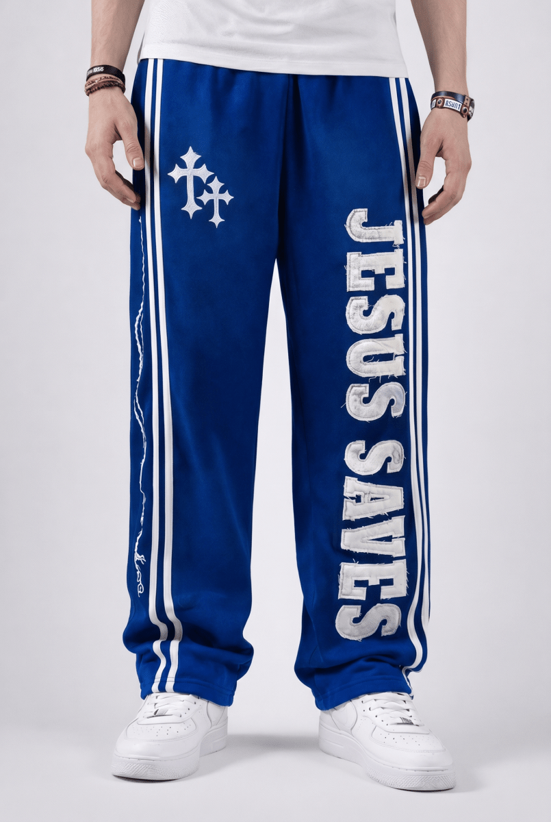 Blue Jesus Saves Sweatpants - Crowned Saints