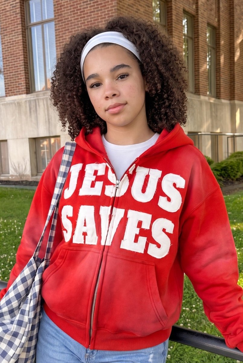 "Crimson Red" Jesus Saves Zip Up Hoodie - Crowned Saints
