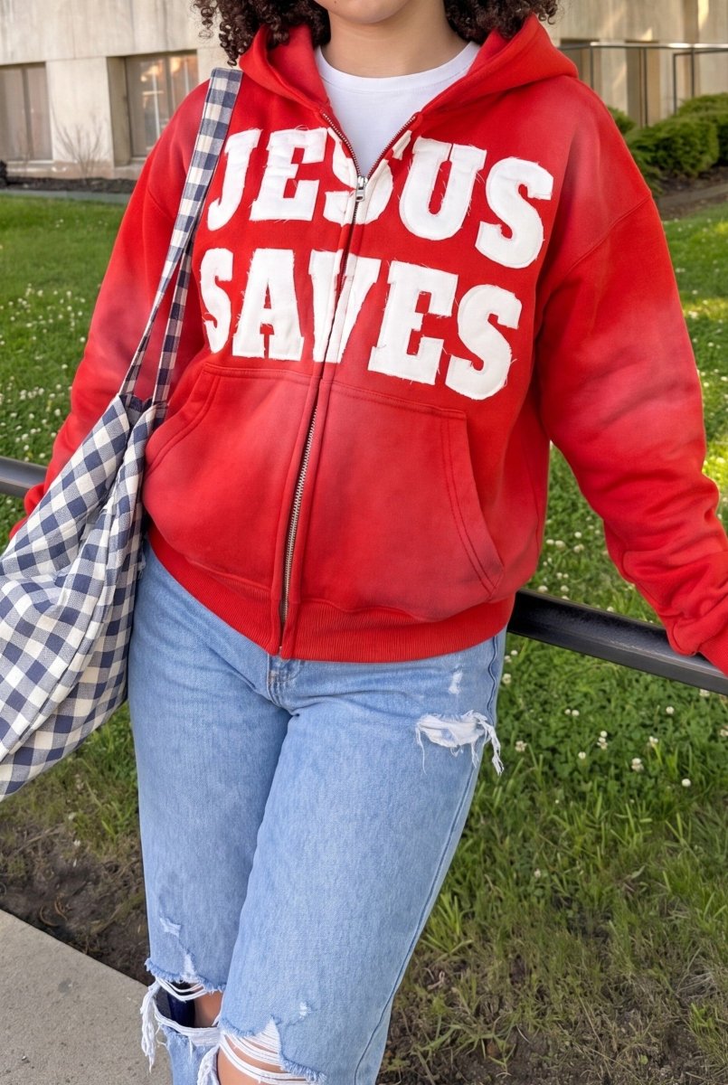 "Crimson Red" Jesus Saves Zip Up Hoodie - Crowned Saints