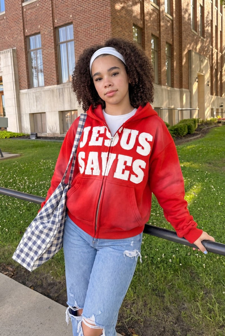 "Crimson Red" Jesus Saves Zip Up Hoodie - Crowned Saints