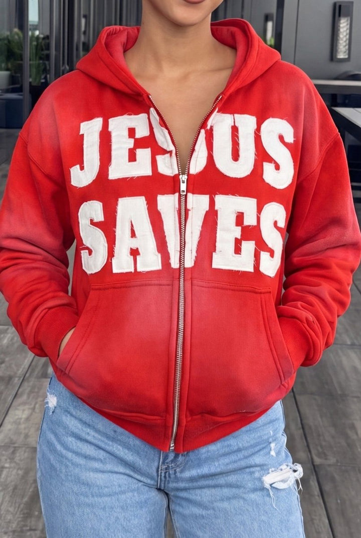 "Crimson Red" Jesus Saves Zip Up Hoodie - Crowned Saints