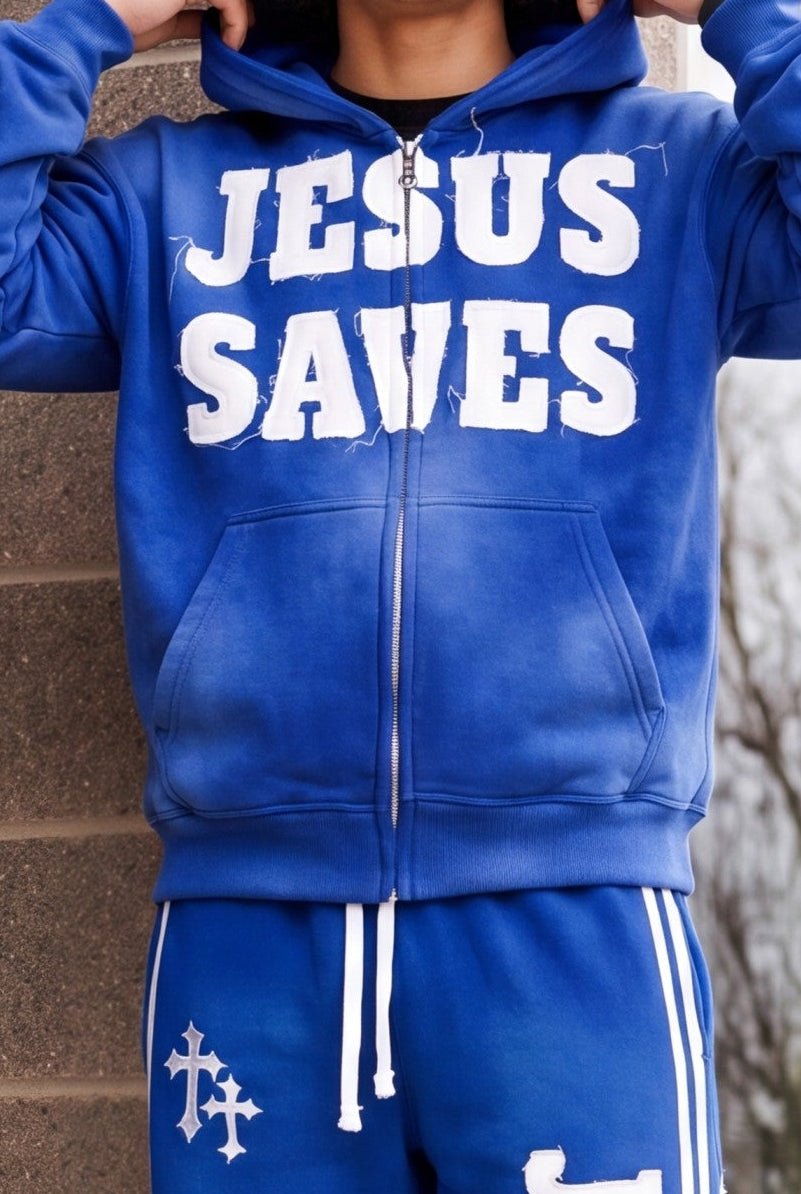 Blue Jesus Saves Zip Up Hoodie - Crowned Saints