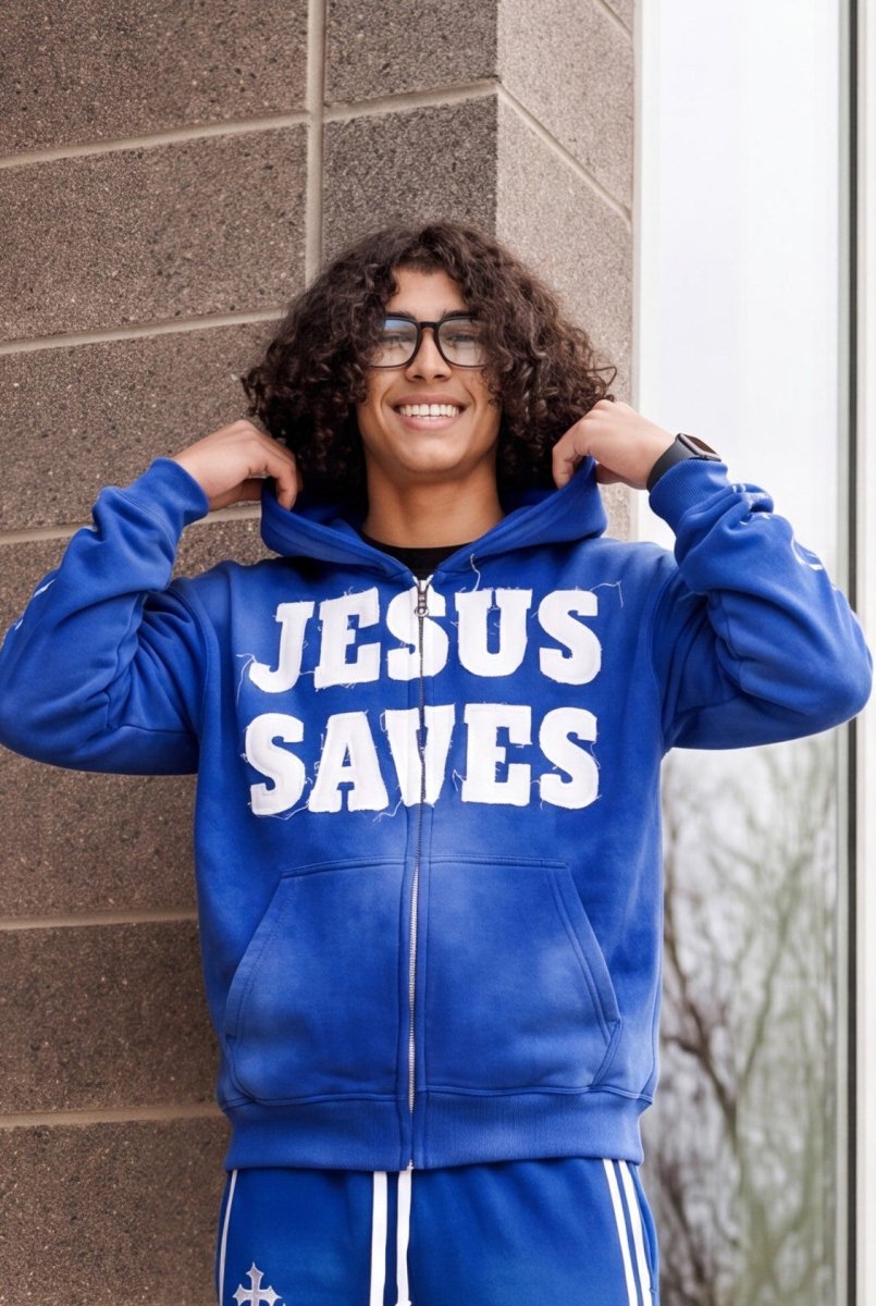 Blue Jesus Saves Zip Up Hoodie - Crowned Saints