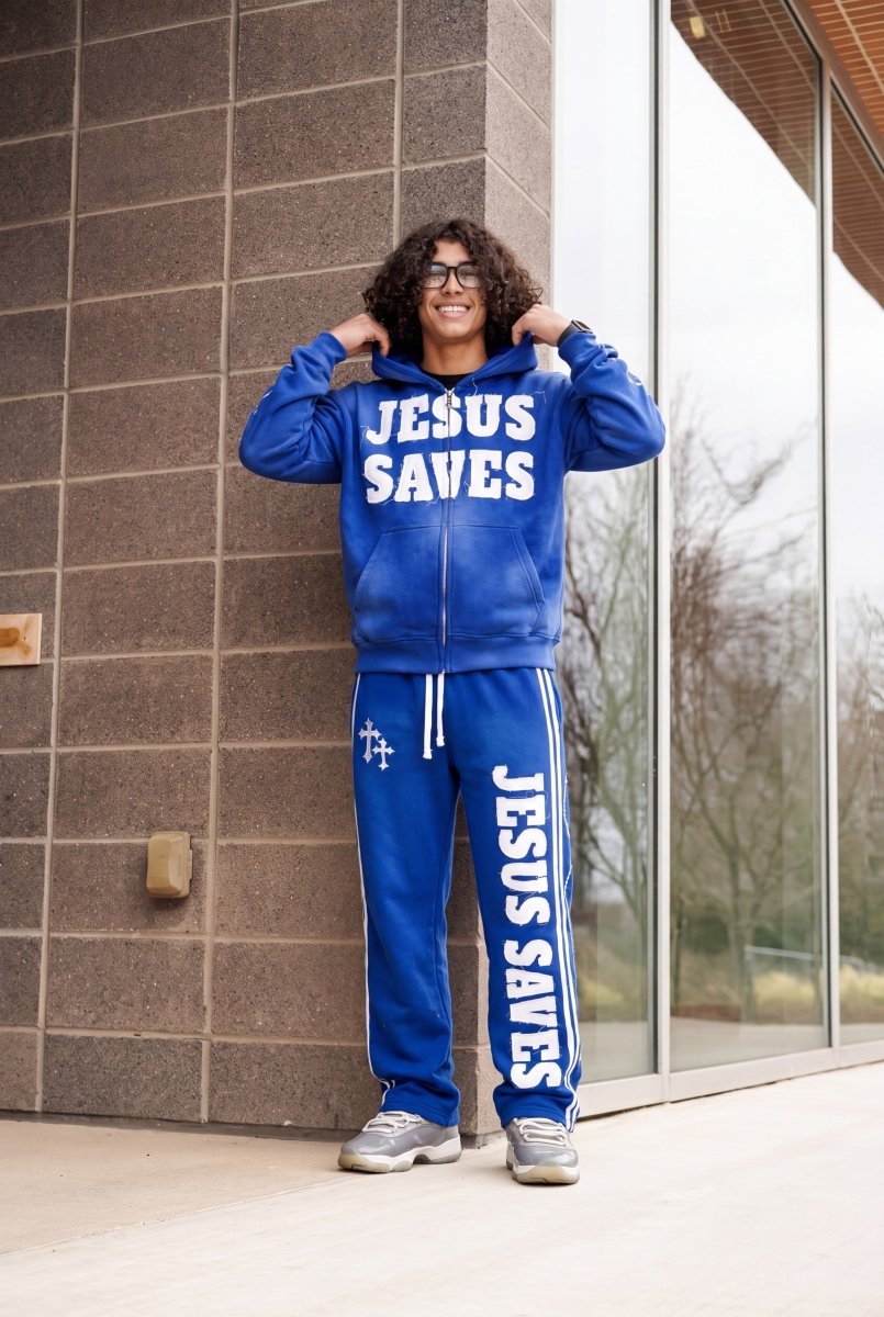 Blue Jesus Saves Sweatpants - Crowned Saints