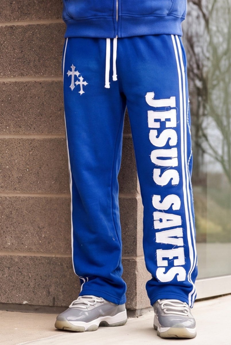 Blue Jesus Saves Sweatpants - Crowned Saints