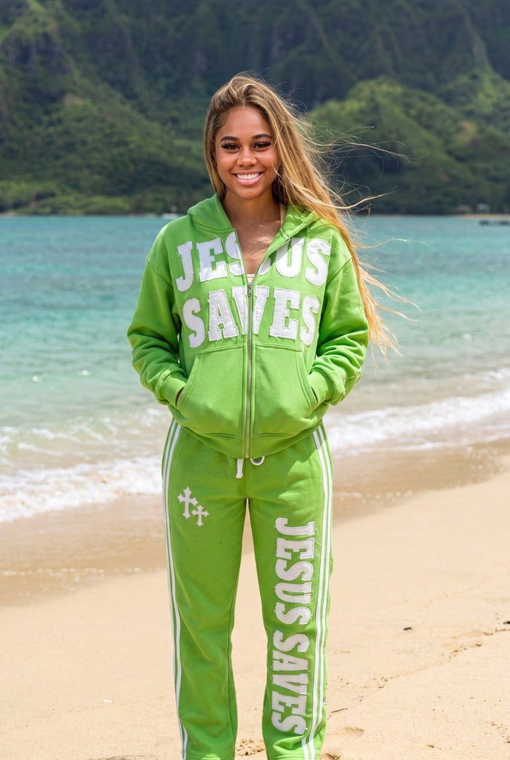 Green Jesus Saves Zip Up Hoodie - Crowned Saints