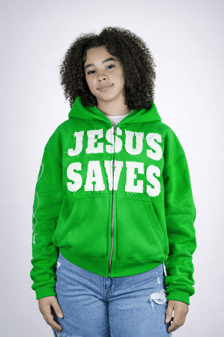 Green Jesus Saves Zip Up Hoodie - Crowned Saints