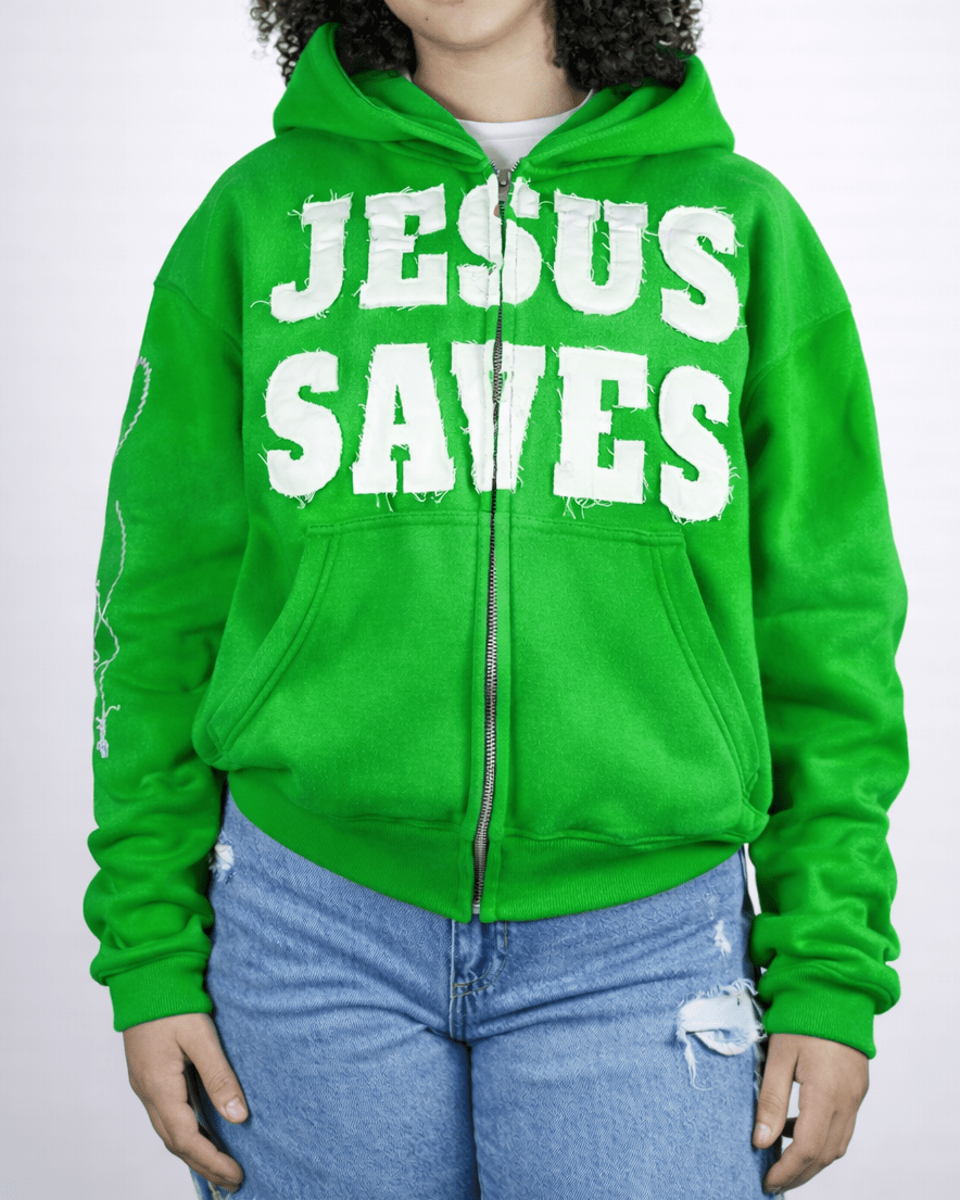 Green Jesus Saves Zip Up Hoodie - Crowned Saints