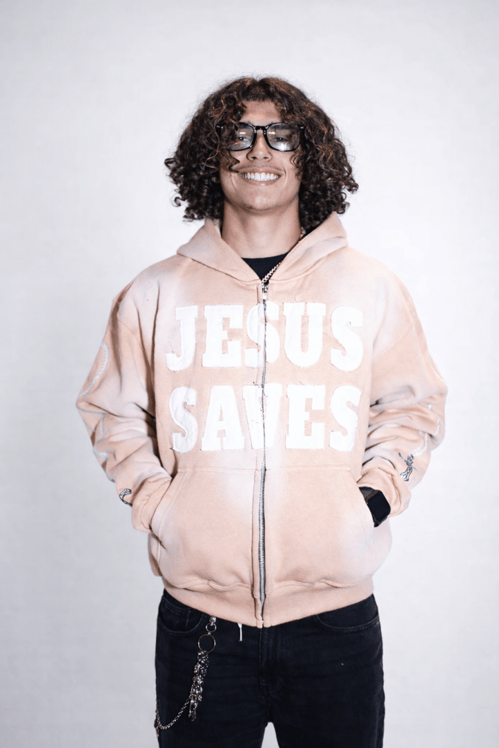 Cream Jesus Saves Zip Up Hoodie - Crowned Saints