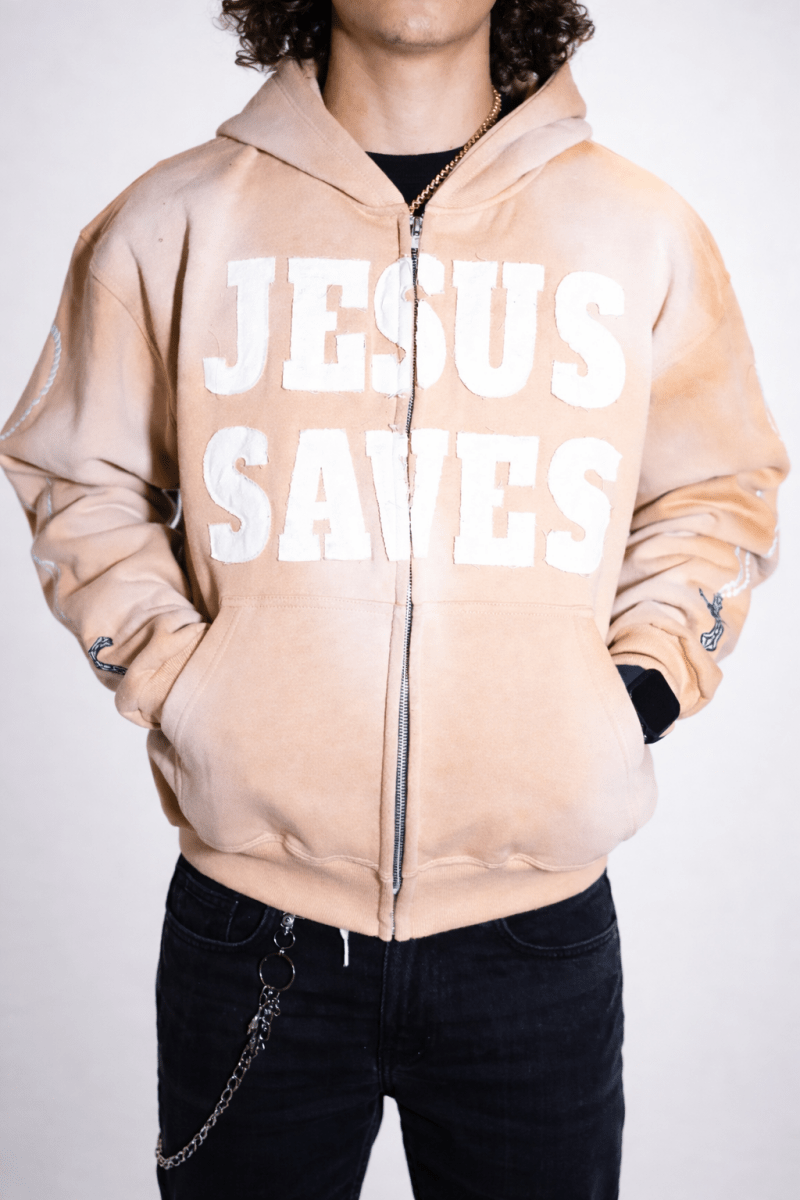 Cream Jesus Saves Zip Up Hoodie - Crowned Saints