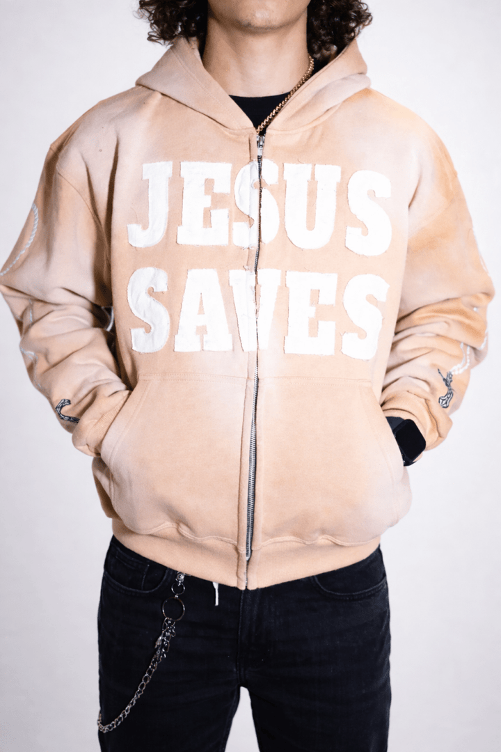 Cream Jesus Saves Zip Up Hoodie - Crowned Saints